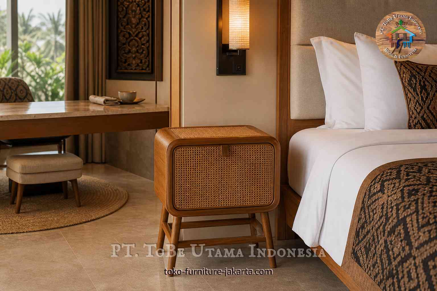 Laci samping tempat tidur kayu bundar dengan bagian depan anyaman di samping tempat tidur yang tertata rapi di ruangan yang hangat.