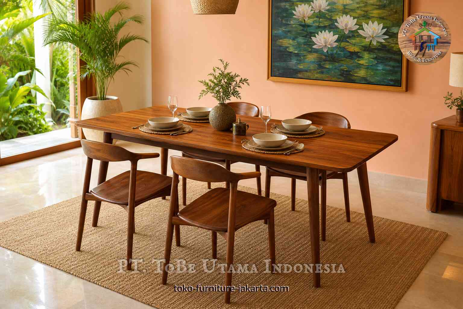 Ropan dining table set with chairs in a warm dining room beside tropical greenery