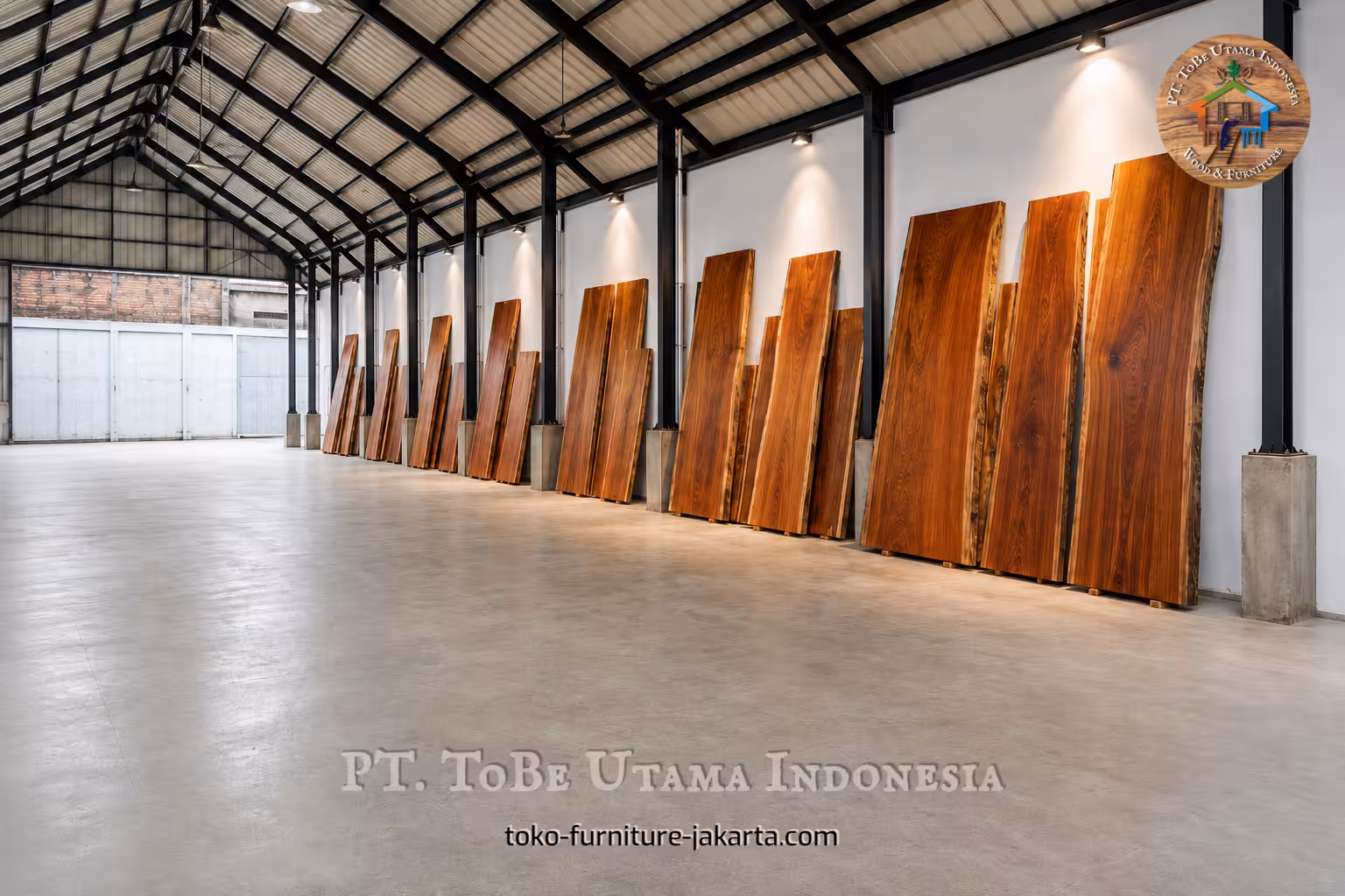Reddish wood boards with natural edges leaning along a warehouse wall