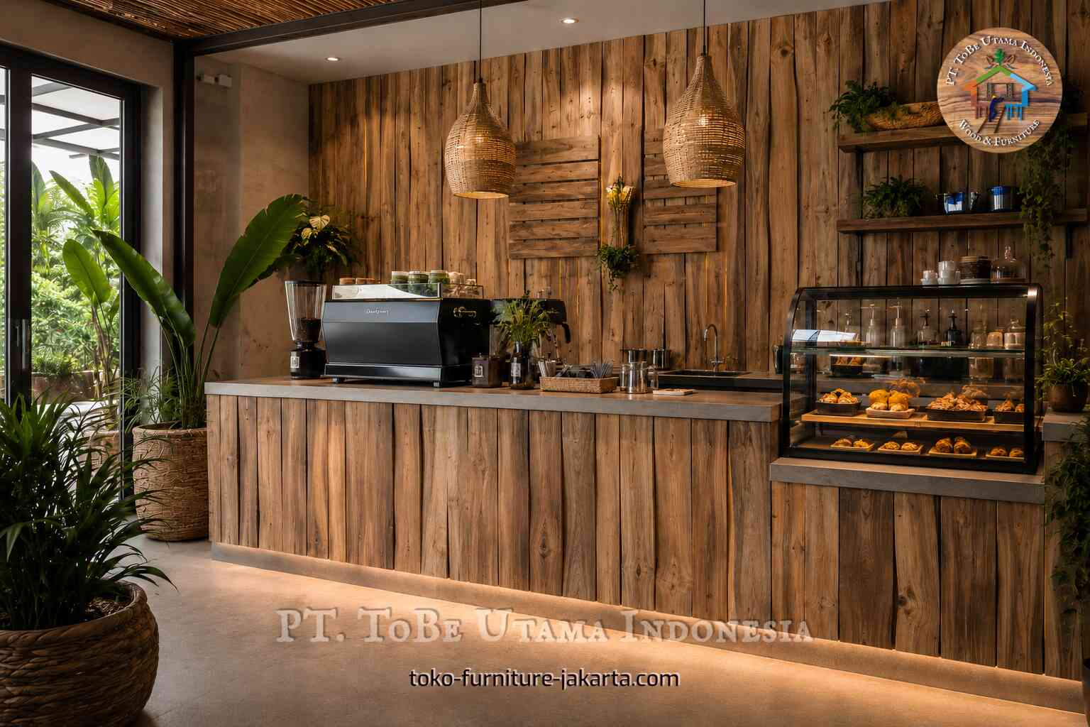 Meja konter kafe berpanel kayu dengan mesin espresso, lampu gantung anyaman, tanaman, dan etalase kue.