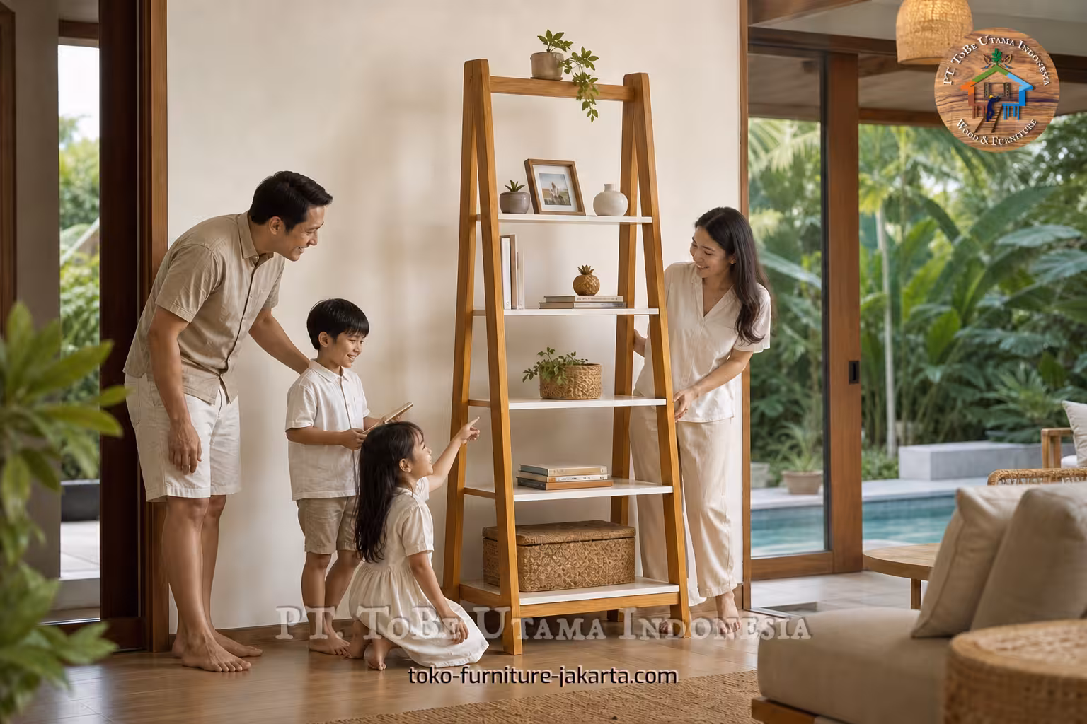 Family styling a ladder-style wood rack with plants, books, and baskets in an open living room
