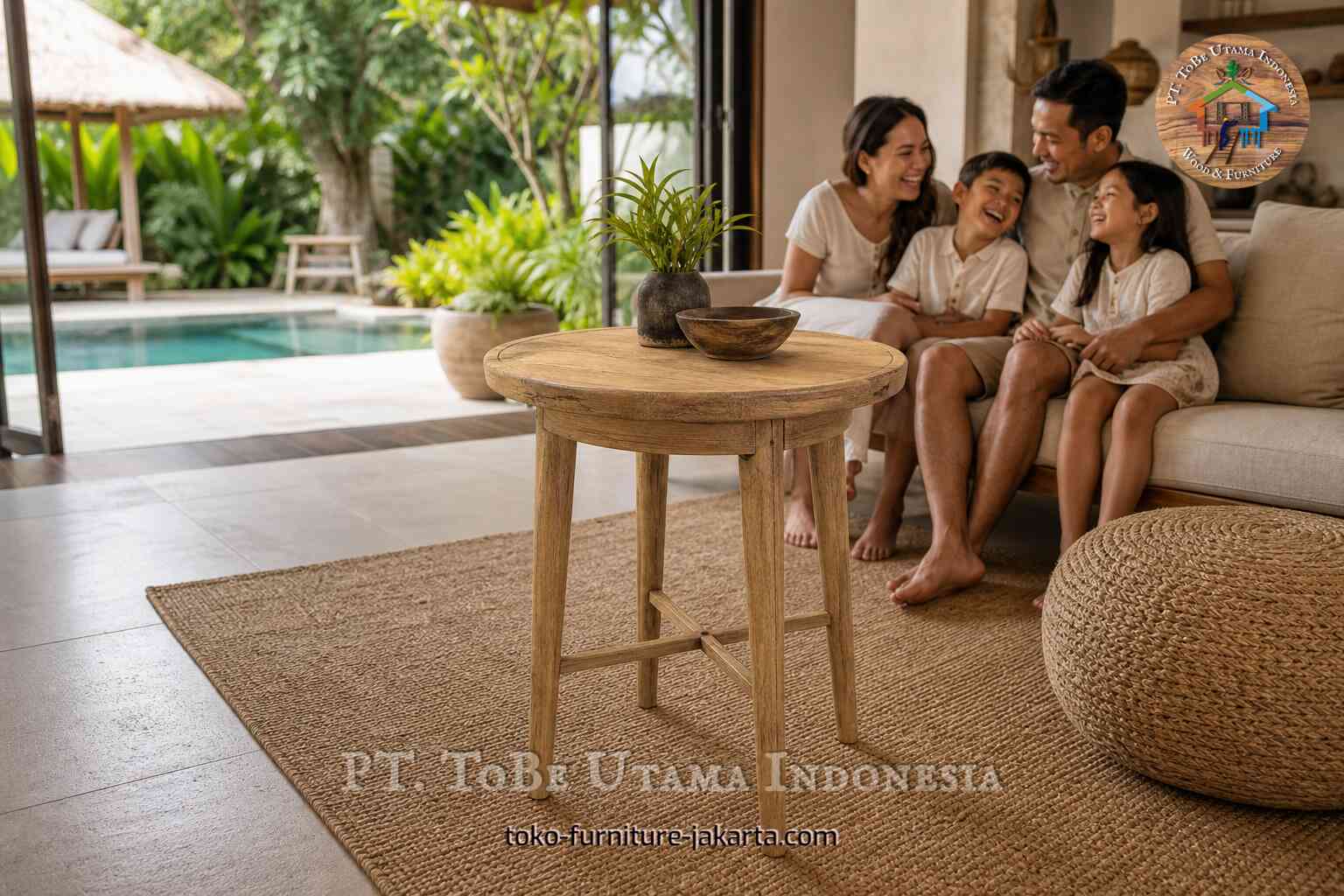 Round wood table with plant and bowl in a living room with family seating and pool view