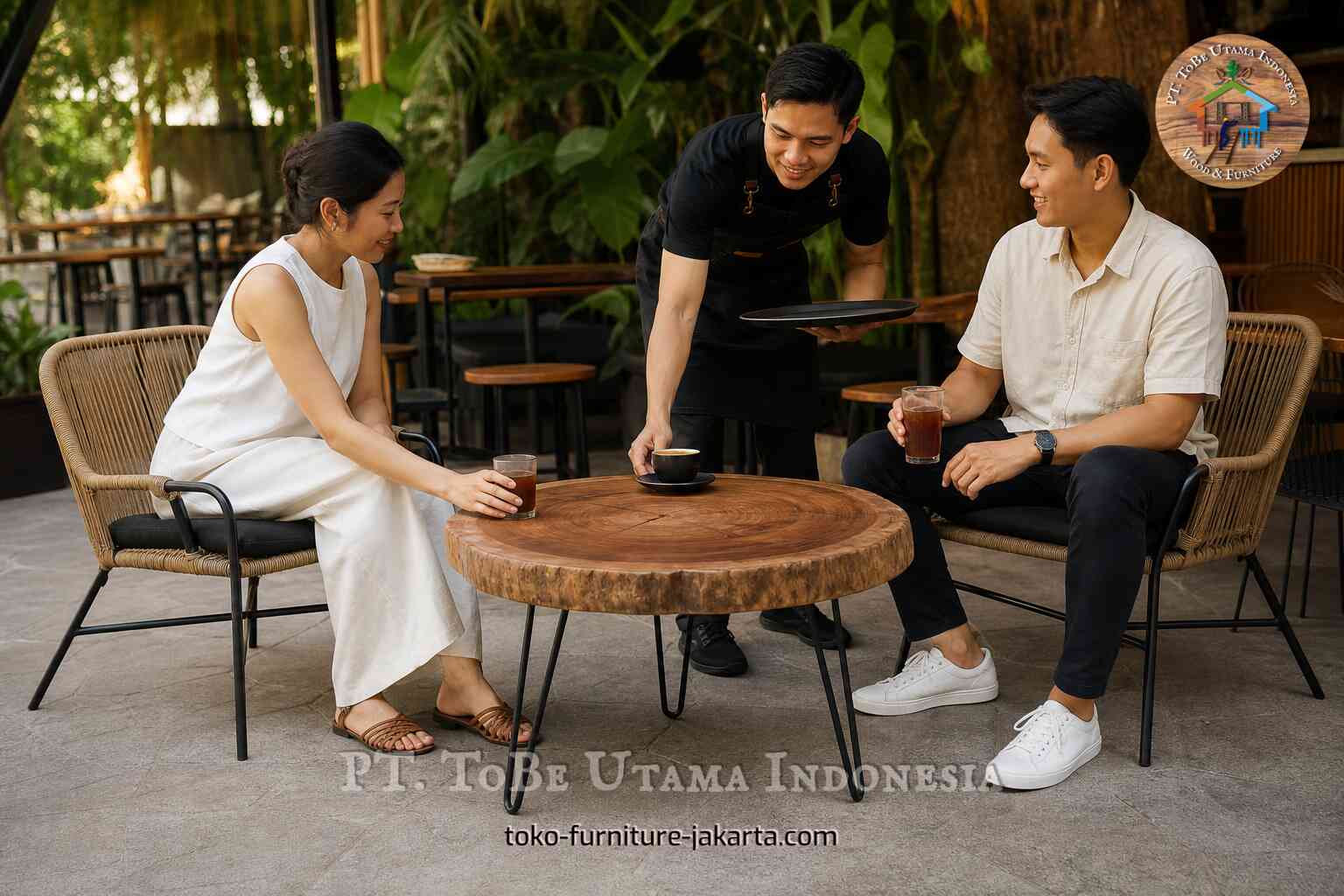 Round natural-edge coffee table in an outdoor cafe seating area