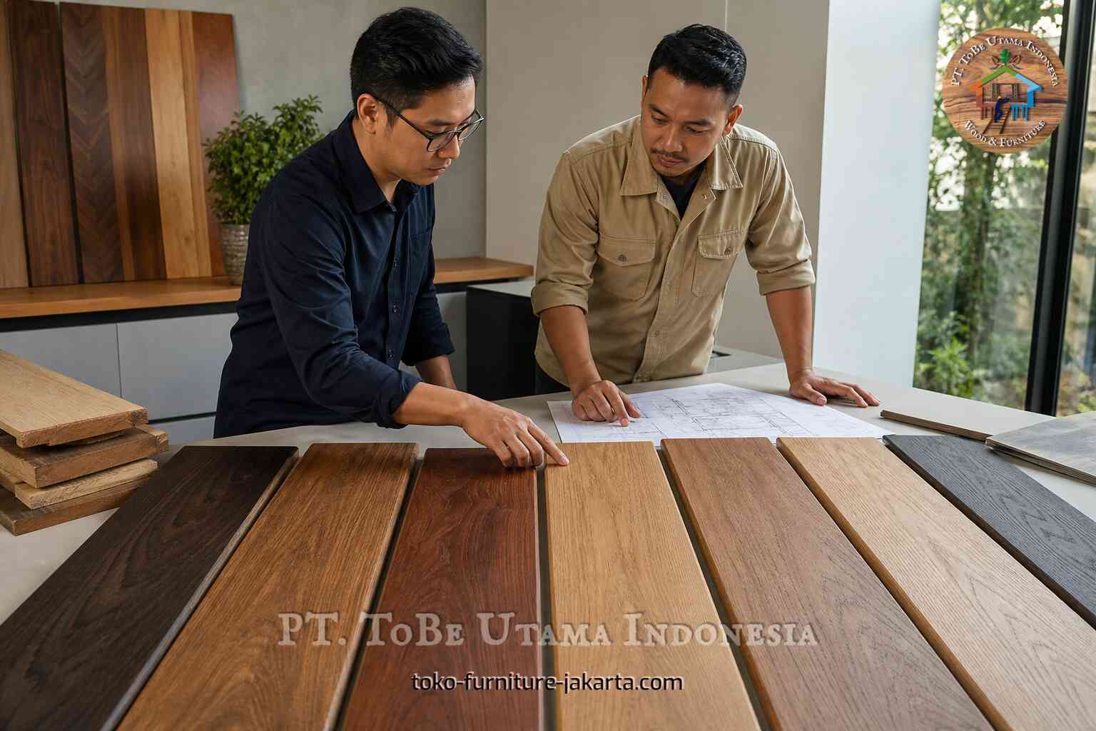 Dua orang sedang meninjau sampel papan kayu dan denah lantai di atas meja di ruang pamer interior yang terang.