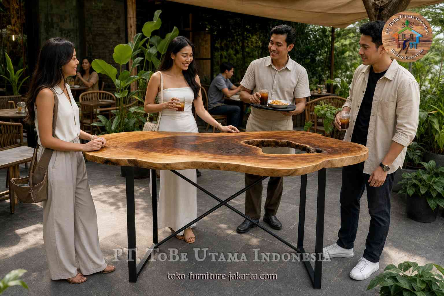 Natural-edge wood table with black metal legs surrounded by guests at an outdoor cafe