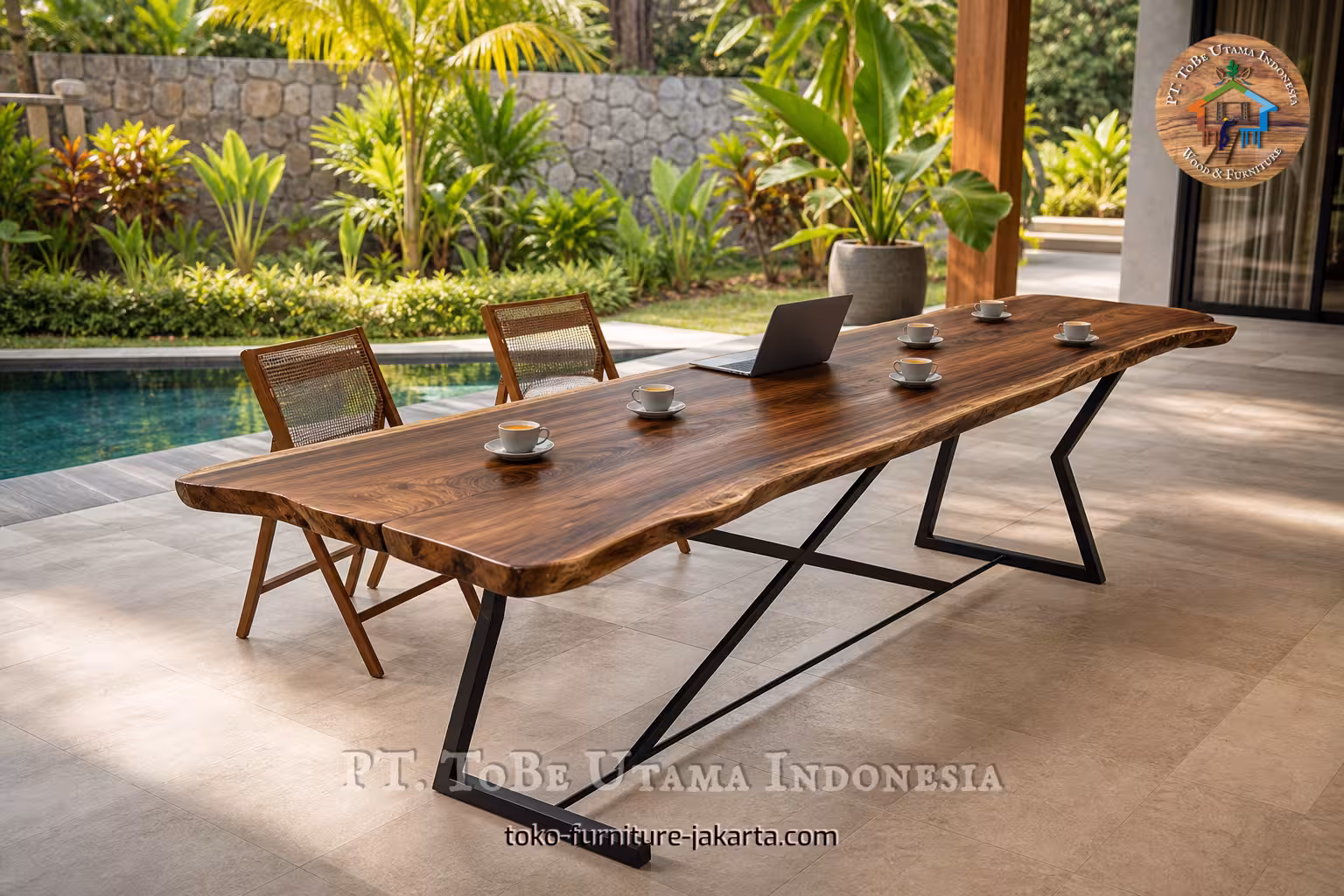 Meja kayu panjang dengan tepi alami di teras tepi kolam renang, dilengkapi dengan cangkir, laptop, kursi, dan pemandangan taman tropis.