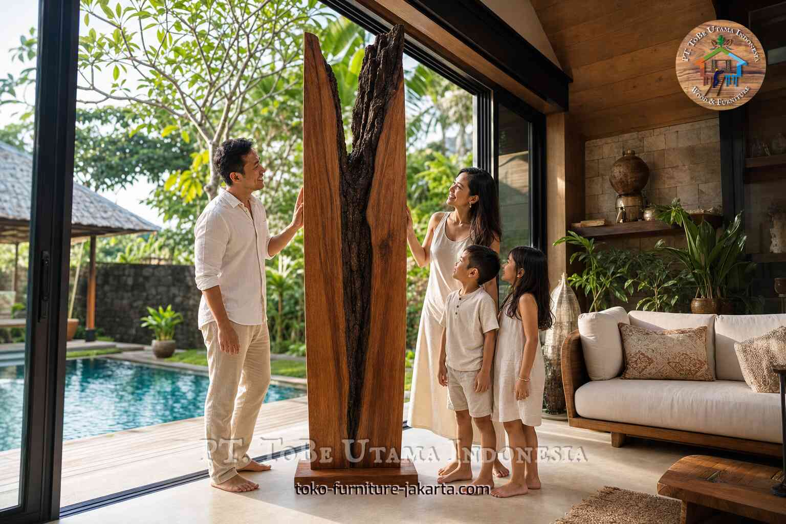 Empat orang mengamati sebuah patung kayu tinggi di ruang tamu tropis di samping kolam renang.