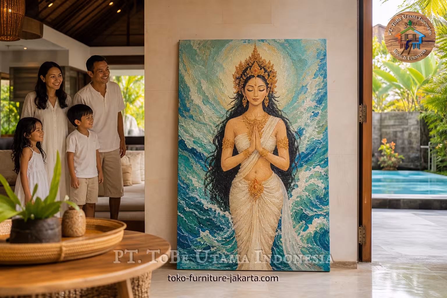 Large painting of a crowned woman in white before blue waves, displayed in a tropical villa