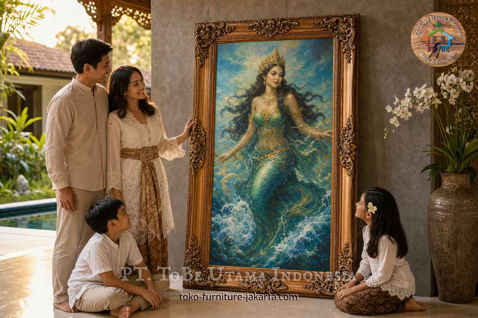 Family viewing an ornate framed painting of a crowned woman among ocean waves in a tropical home