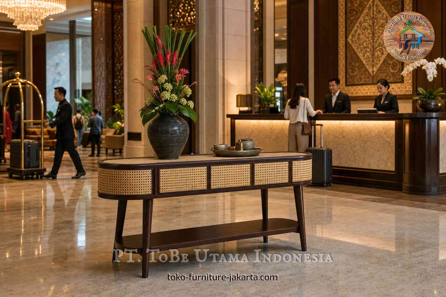 Meja konsol rotan dengan vas bunga di lobi hotel mewah yang ramai tamu.