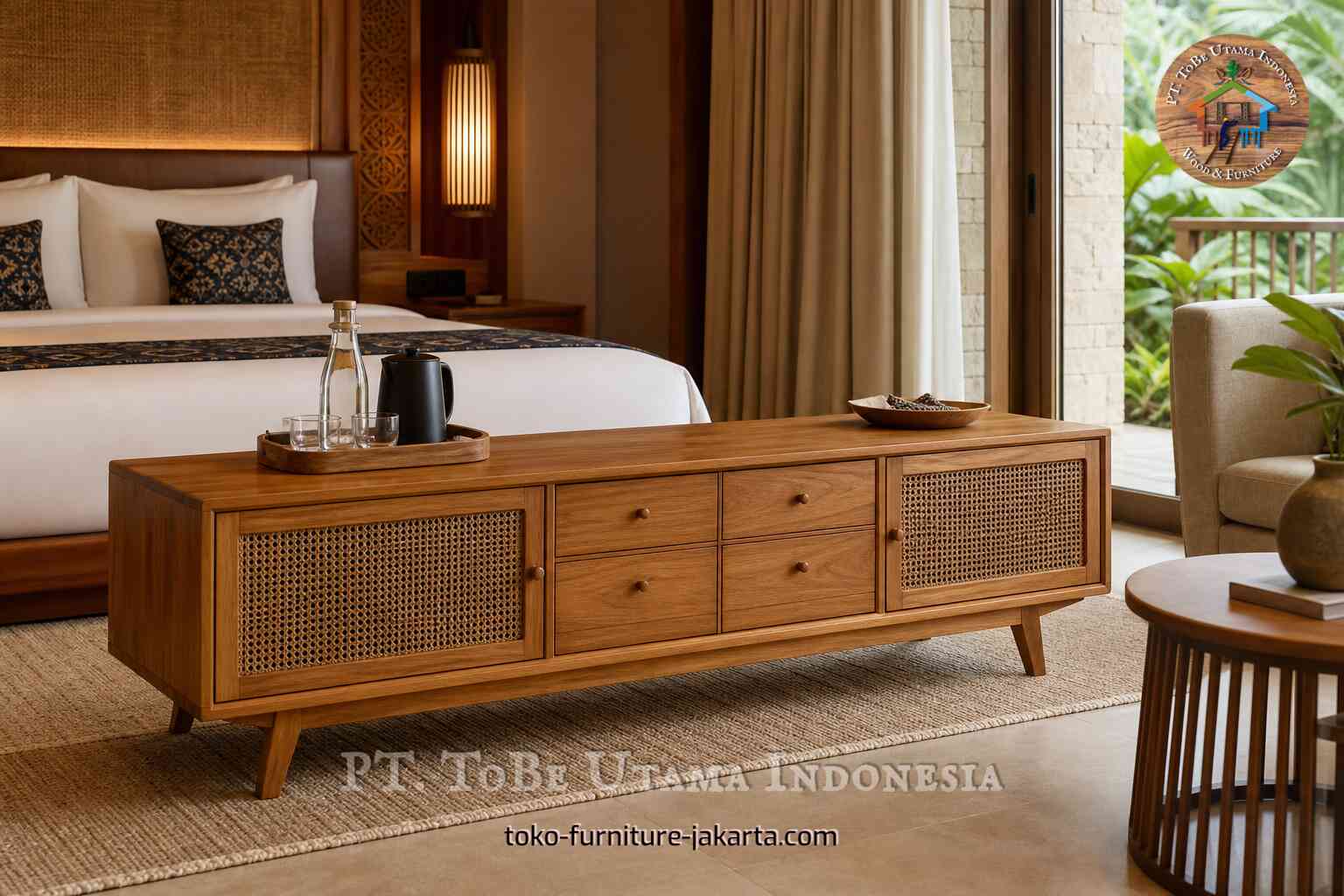 Wood sideboard with woven panels in a hotel room near a bed and balcony