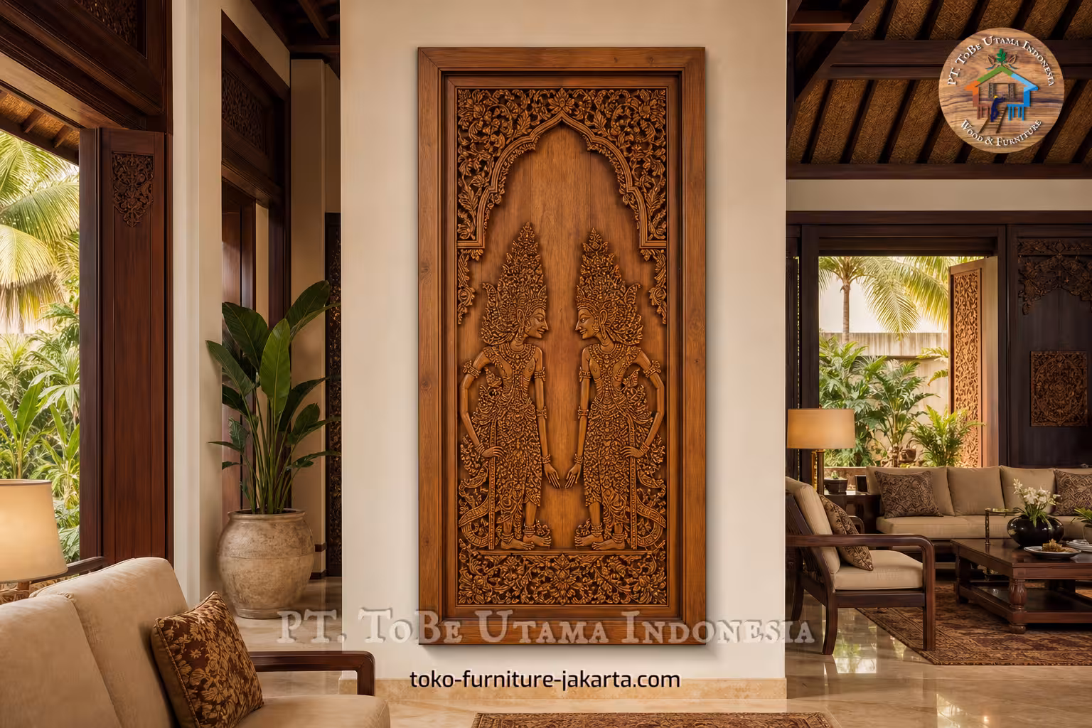 Panel kayu berukir indah dengan dua figur di ruang tamu vila tropis.