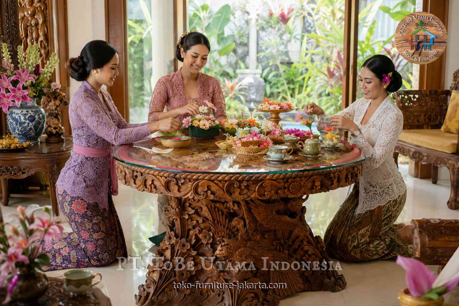 Tiga wanita sedang merangkai bunga di sekitar meja bundar berukir indah di ruangan tropis yang terang.