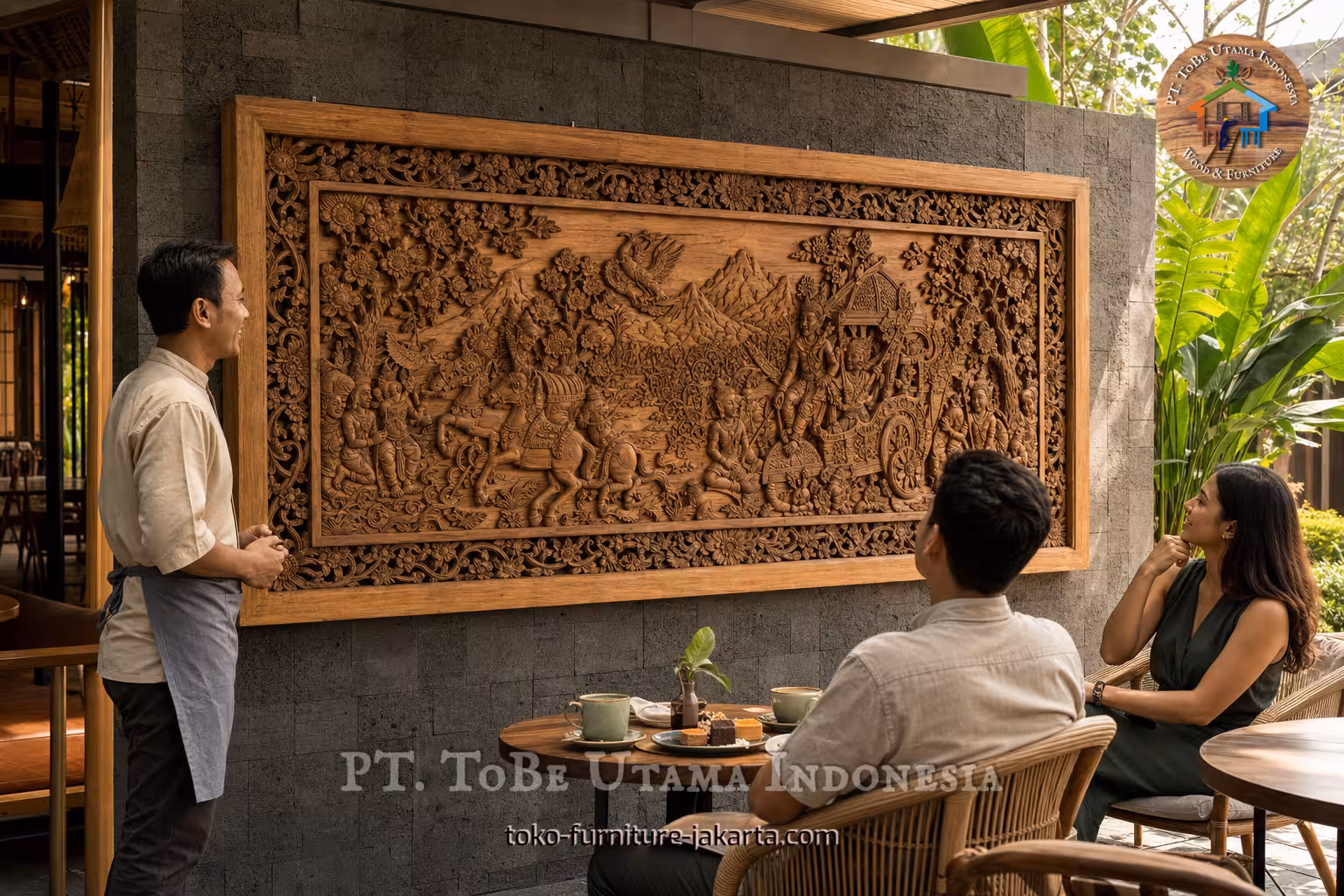 Outdoor cafe guests viewing a large framed wooden wall carving on a stone wall