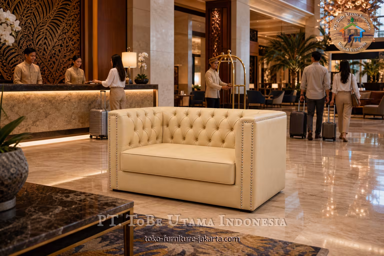 Cream tufted sofa in a luxury hotel lobby with reception staff and guests in the background