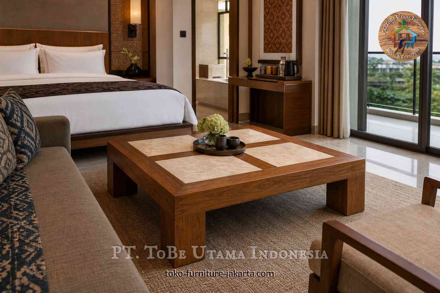 Square coffee table with light top panels in a hotel room lounge area