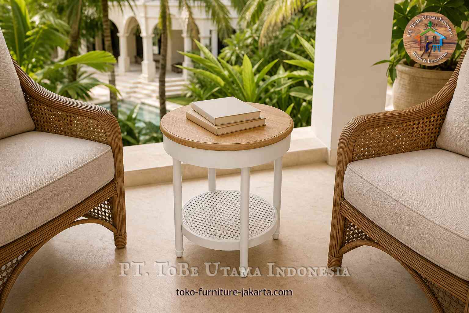 Round white cream side table with books between rattan chairs on a tropical patio