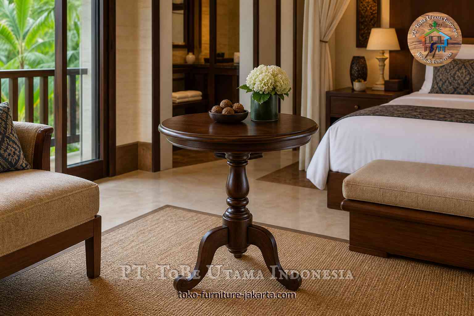 Round dark wood pedestal table with flowers and bowl in a warmly lit hotel room