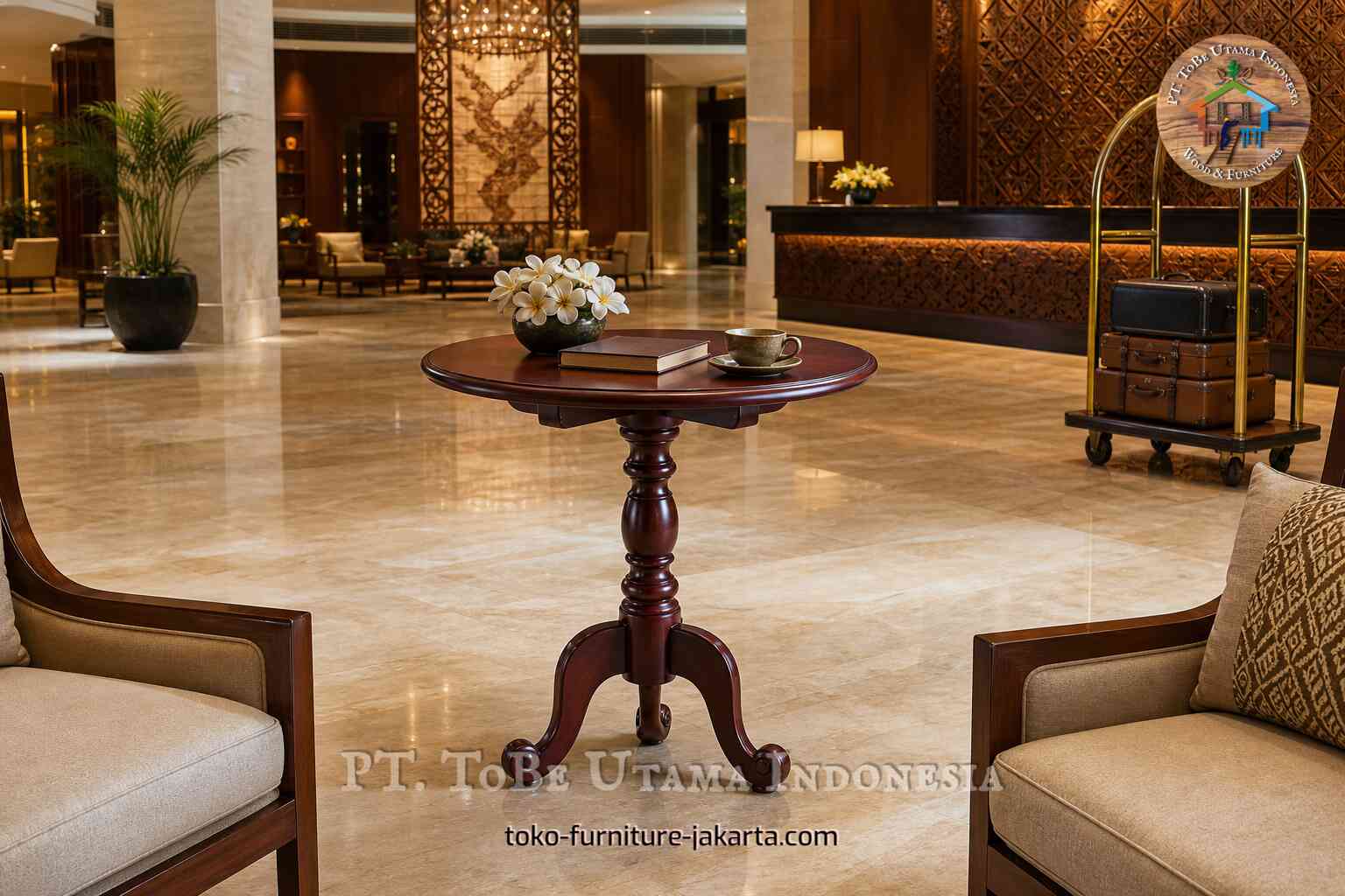 Round dark wood pedestal table with flowers, book, and cup in a luxury hotel lobby