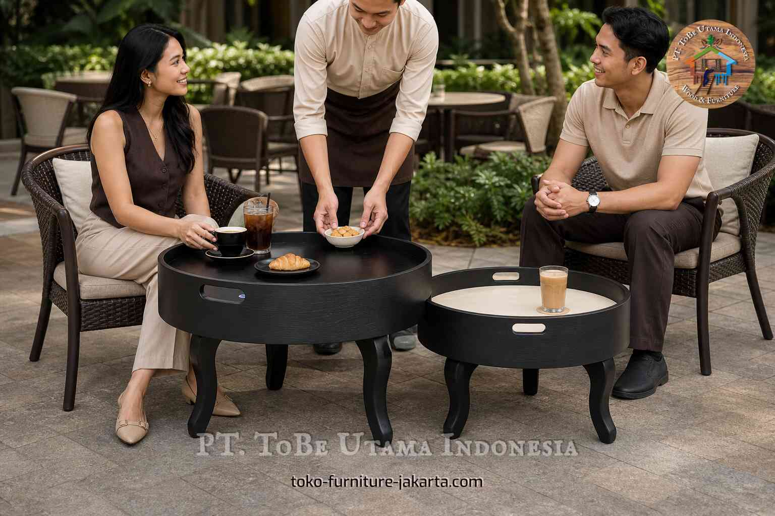Para tamu di kafe luar ruangan duduk mengelilingi meja kopi bundar berwarna hitam sambil menikmati minuman dan makanan ringan.
