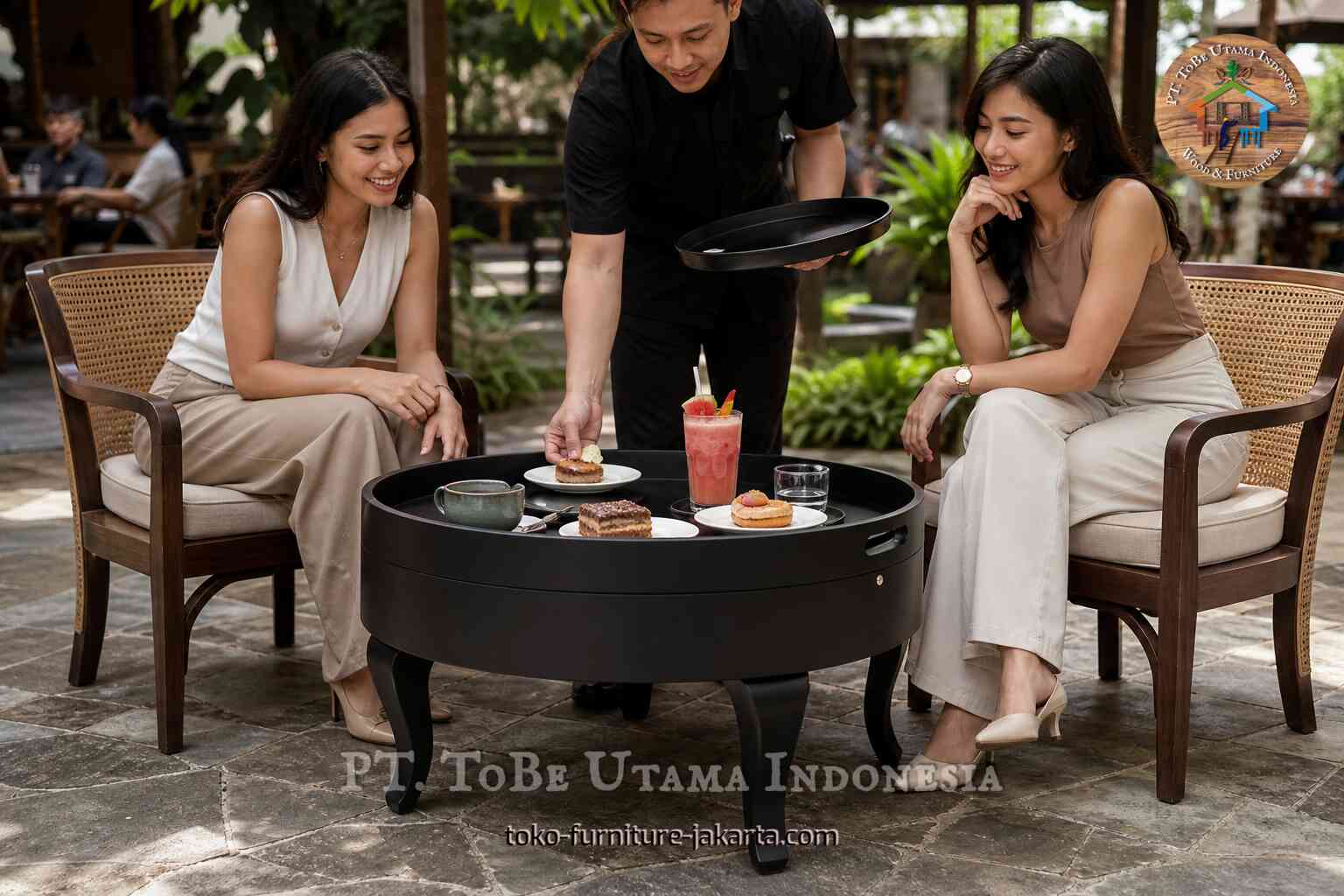 Para tamu menikmati hidangan penutup dan minuman di sekitar meja kopi bundar berwarna hitam dengan nampan besar di kafe luar ruangan.