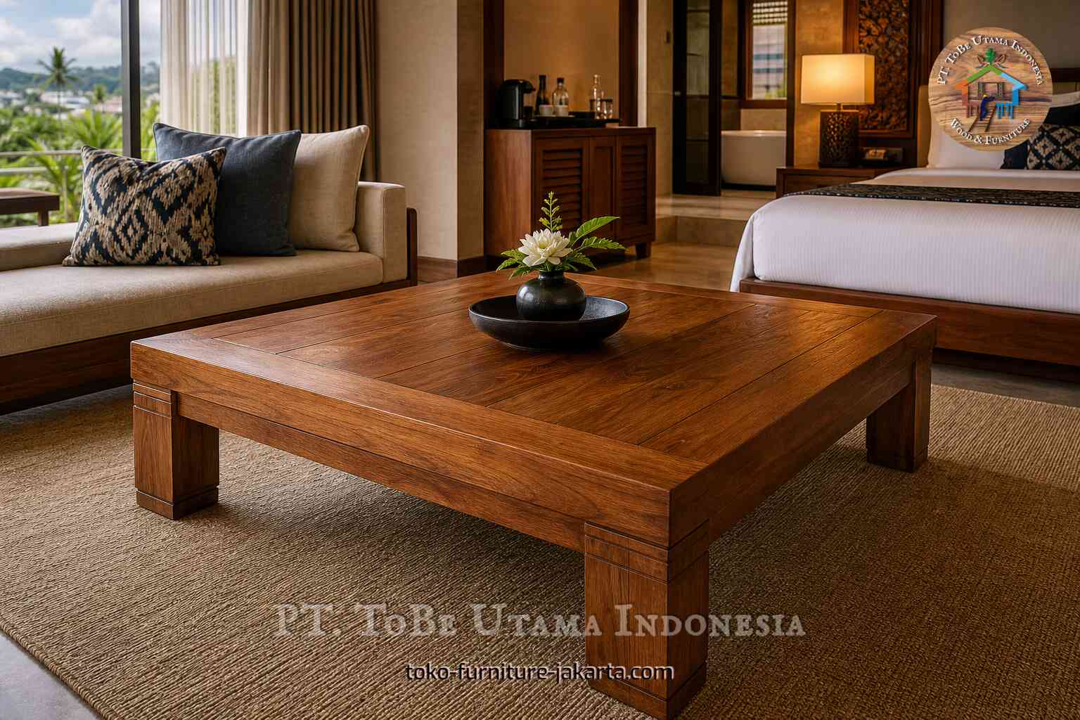 Square wood-finish coffee table in a hotel room lounge area