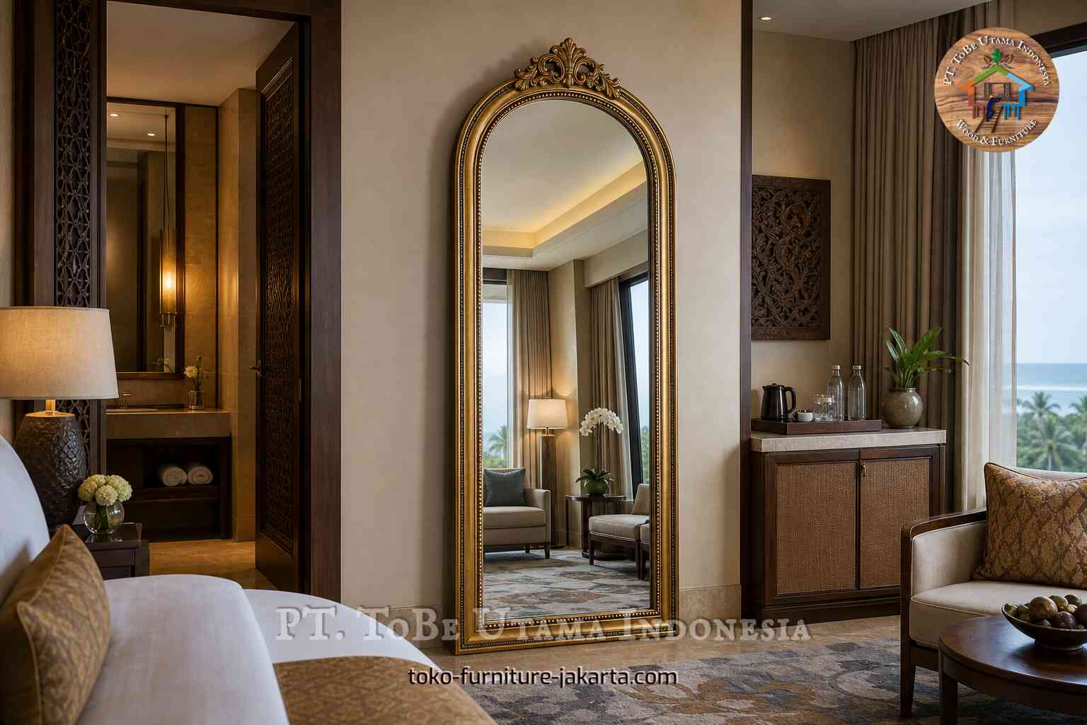 Ornate gold floor mirror in an upscale hotel room with bed, curtains, and seating