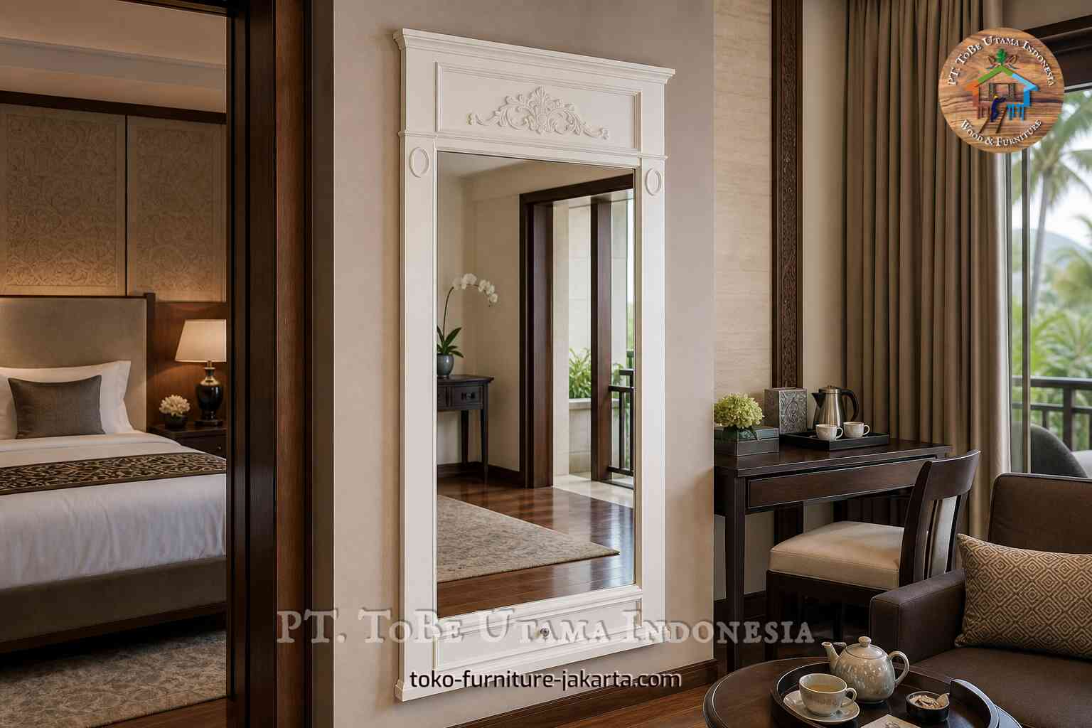 White classic ornate wall mirror in a hotel room beside a desk, bed, curtains, and tea set