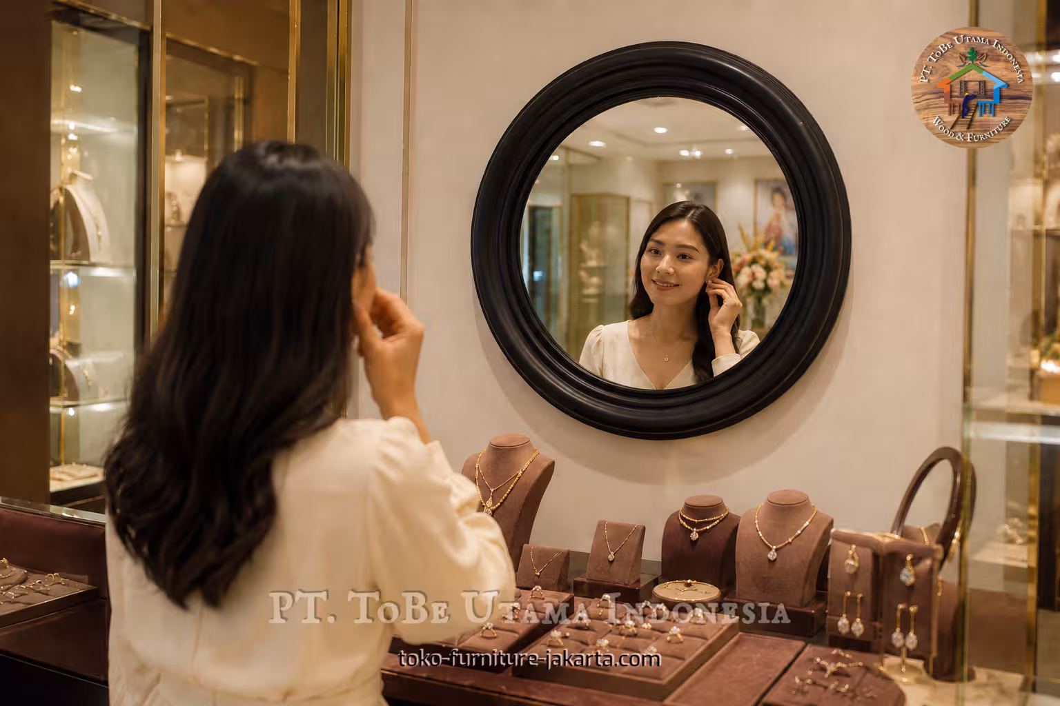 Black round wall mirror reflecting a woman trying on earrings in a jewelry store