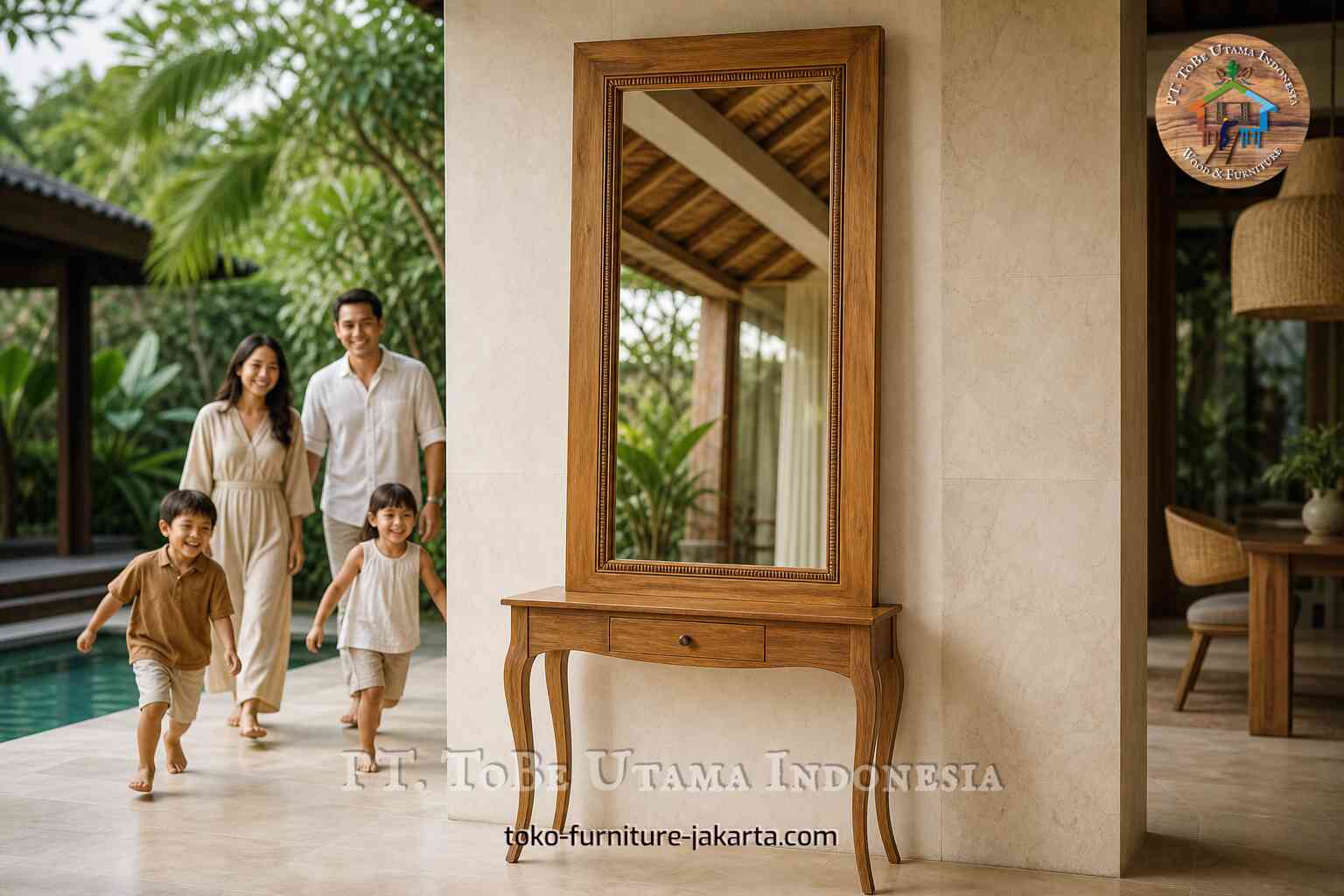 Wood-framed mirror and console beside a tropical poolside family scene