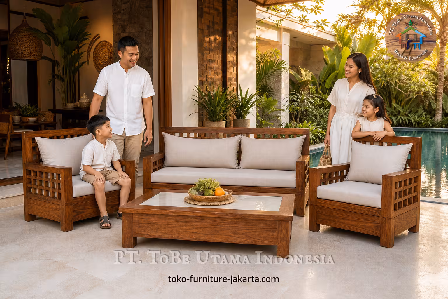 Set tempat duduk luar ruangan dengan finishing kayu, terdiri dari sofa, kursi berlengan, dan meja kopi, di dekat kolam renang.