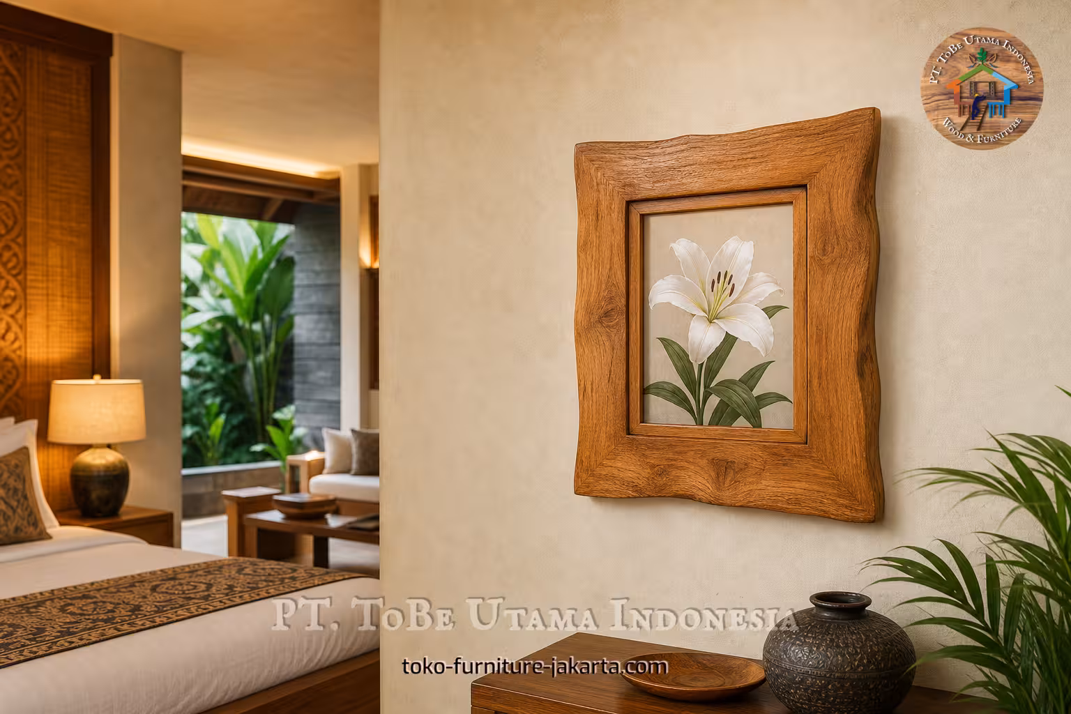 Wood-toned wall photo frame with white lily art in a warm bedroom setting