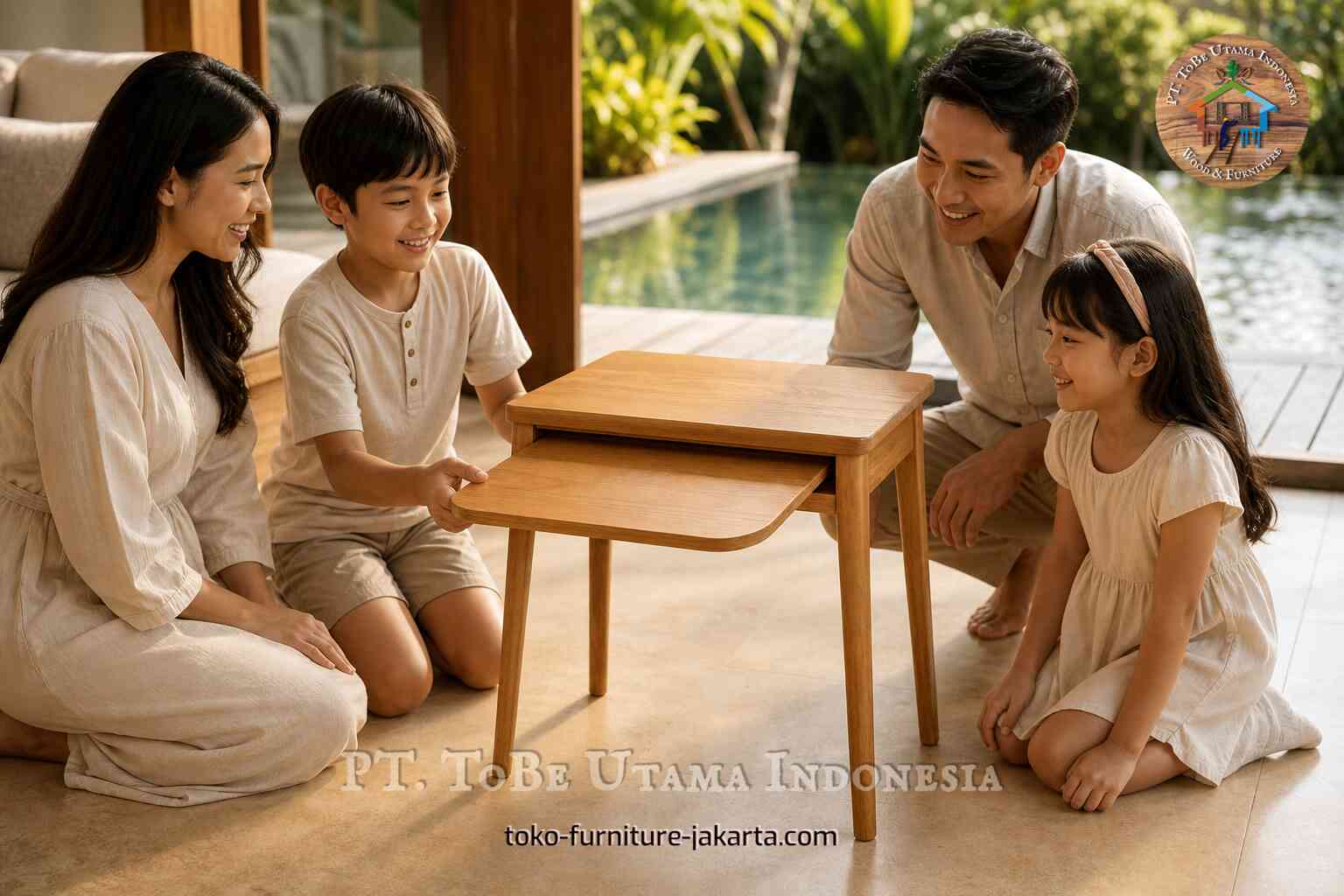 Family gathered around a wooden table with pull-out tray near a pool