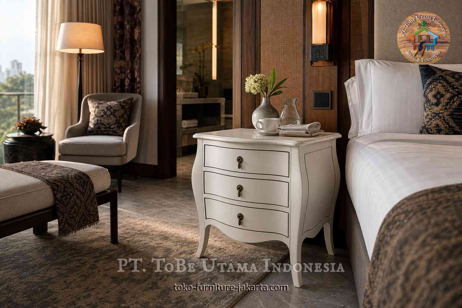 White three-drawer nightstand beside a hotel bed with flowers, cup, and warm wall lighting