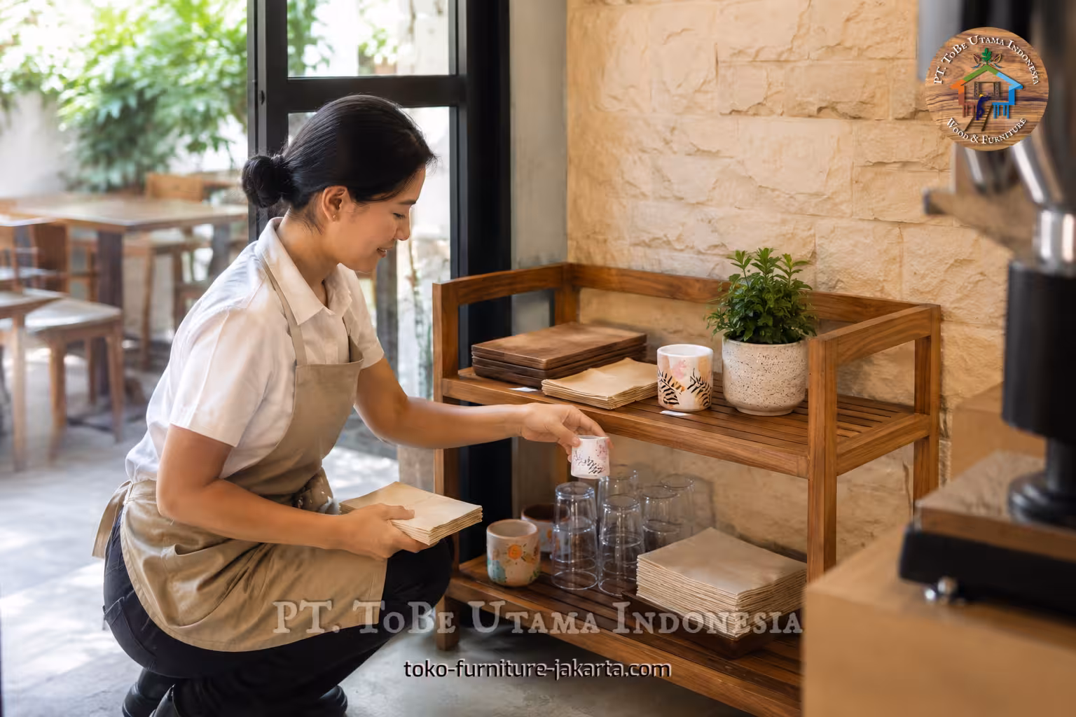Wooden two-tier shelf holding cups, napkins, glasses, and a plant in a cafe setting