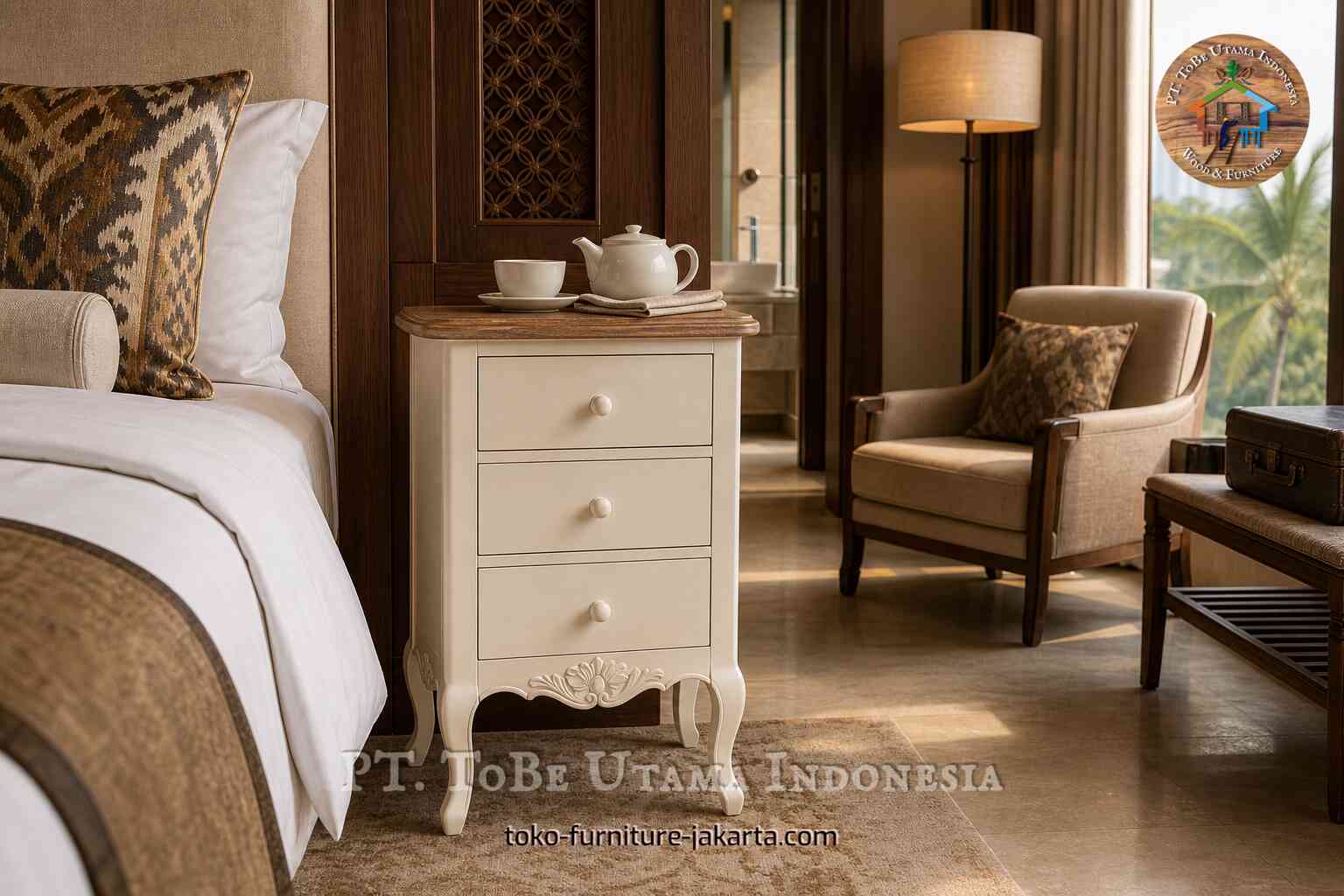 Meja nakas tiga laci berwarna krem di samping tempat tidur hotel dengan seperangkat peralatan minum teh dan dekorasi kamar yang hangat.