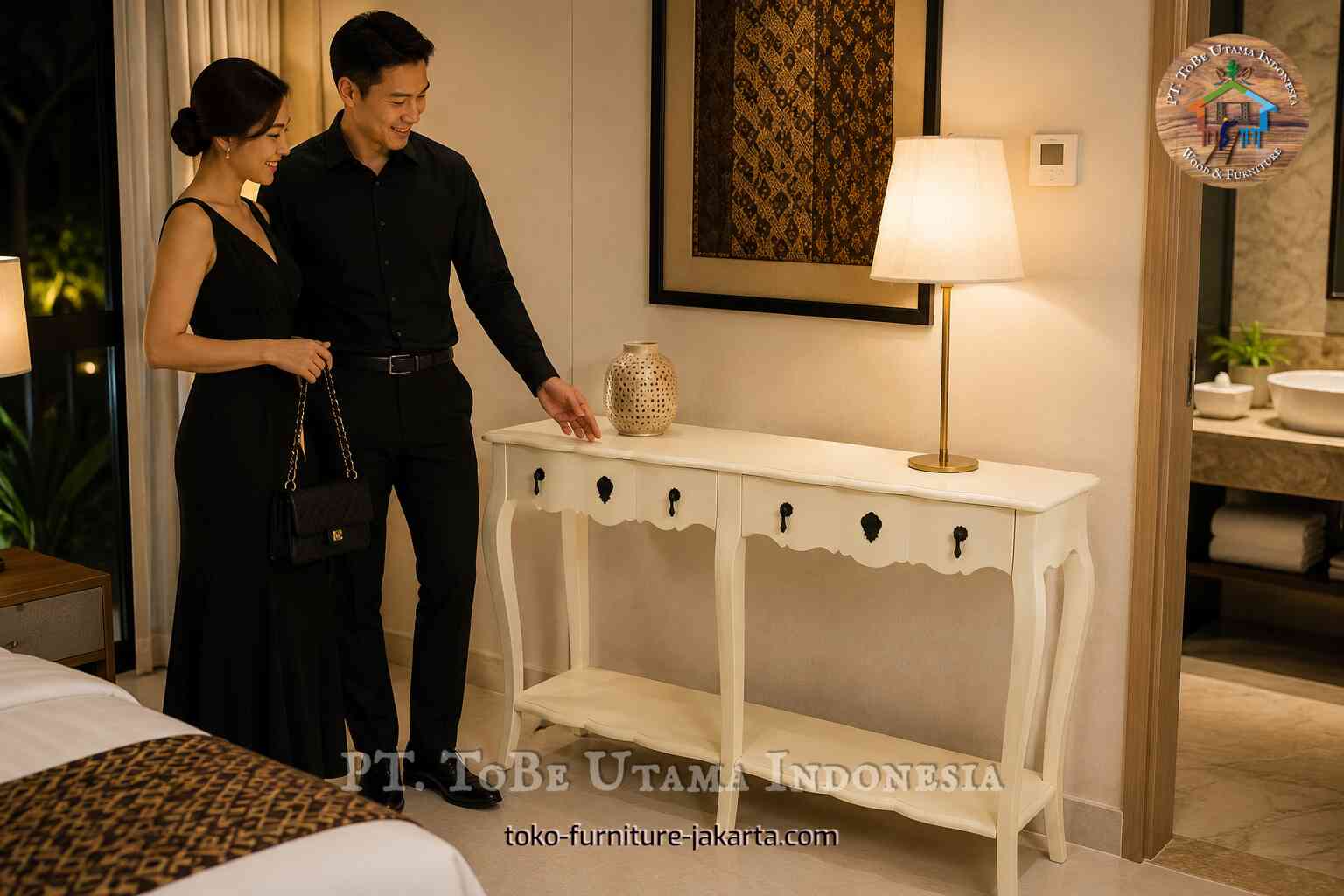 Meja laci putih berornamen dengan lampu dan vas di kamar tidur, dengan sepasang kekasih berdiri di dekatnya.