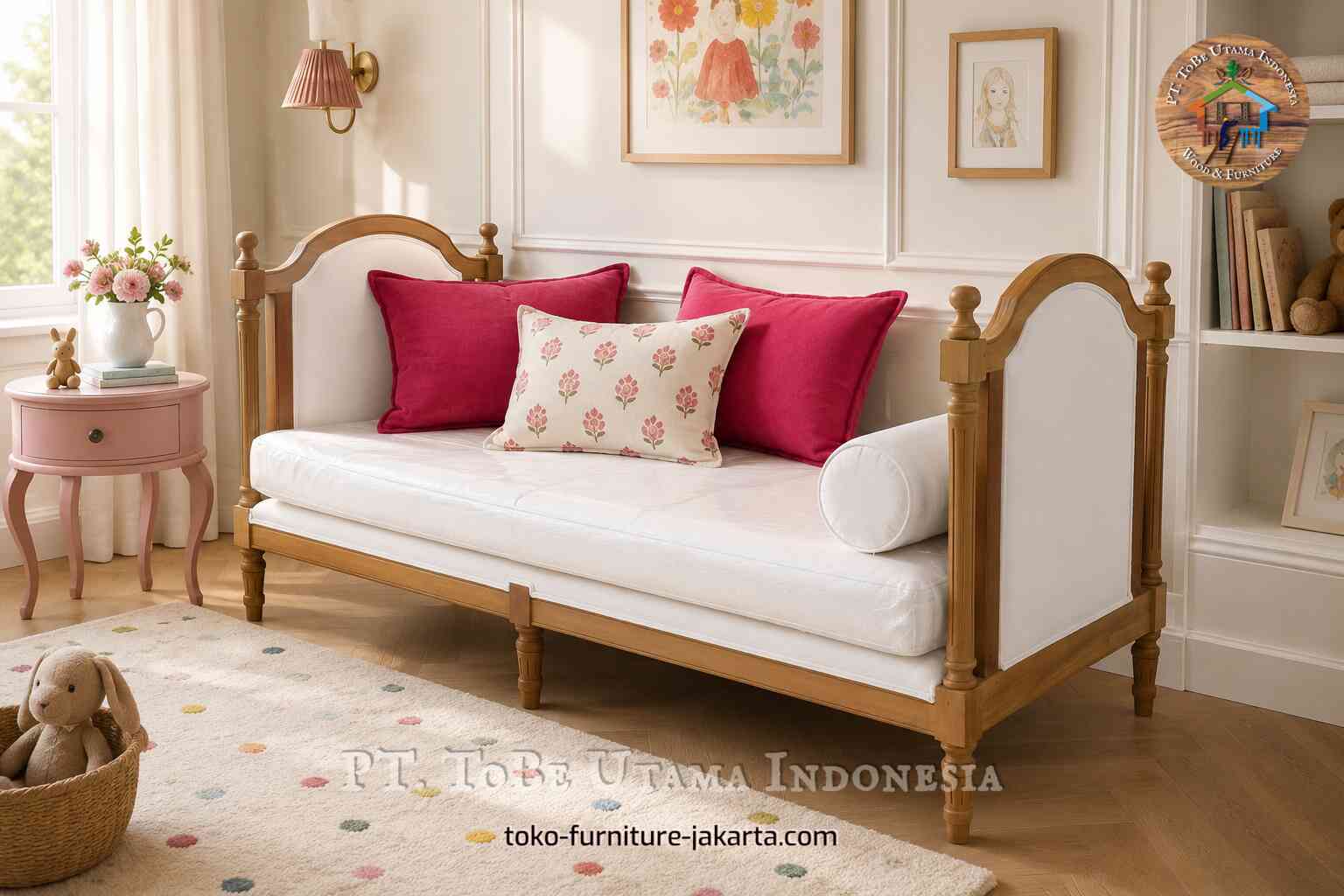 Wood-framed white daybed with red pillows in a softly lit children's room