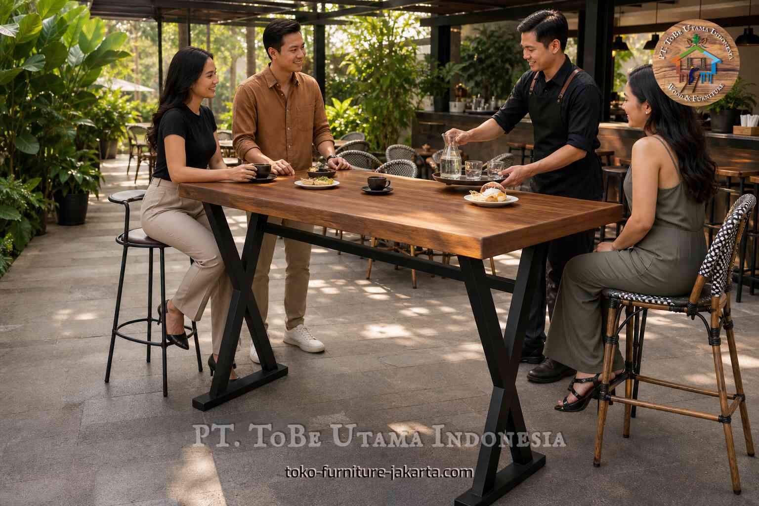 Guests and a server around a wood table with black metal frame in a leafy outdoor cafe