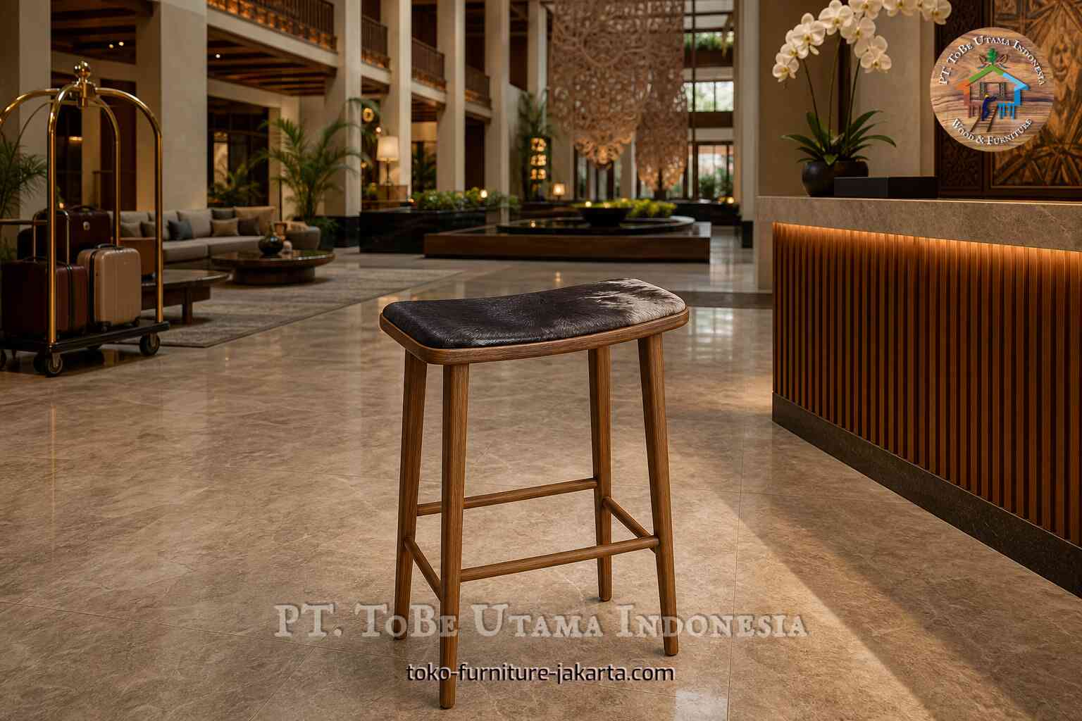Wooden bar stool with a dark hide-like seat in a warm hotel lobby near reception