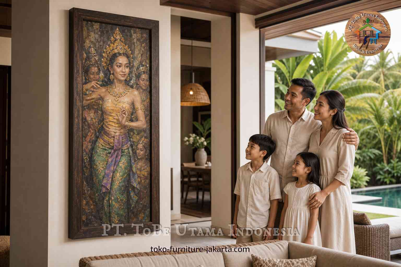 Family viewing framed traditional dancer wall art in a tropical home interior