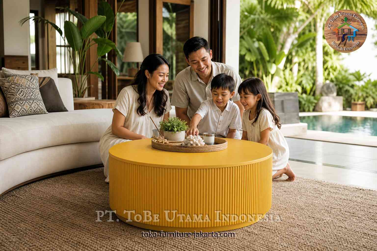 Keluarga berkumpul di sekitar meja kopi bundar berwarna kuning di ruang tamu terbuka di dekat kolam renang.