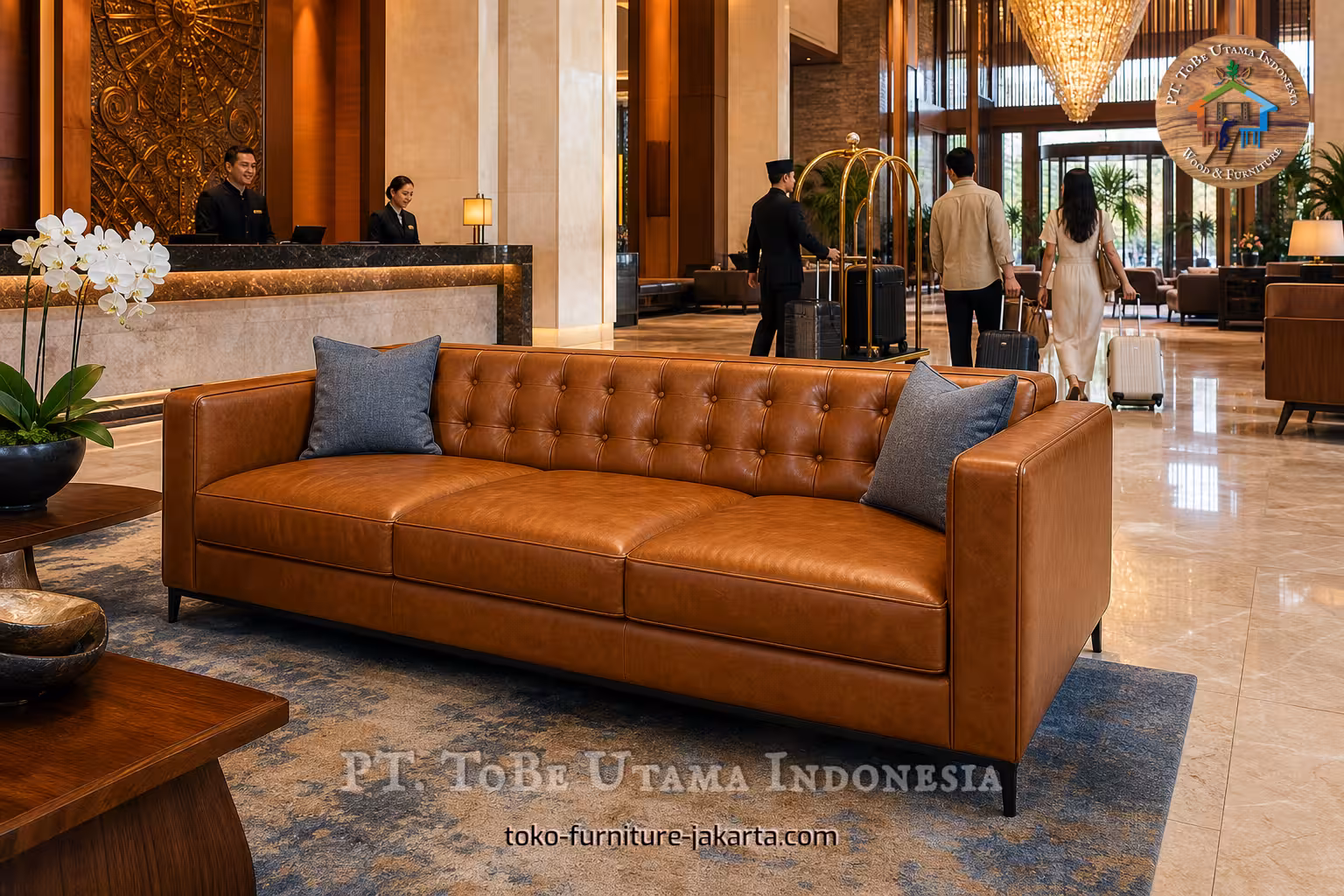 Sofa berlapis kain cokelat di lobi hotel mewah dengan tamu dan koper di latar belakang.