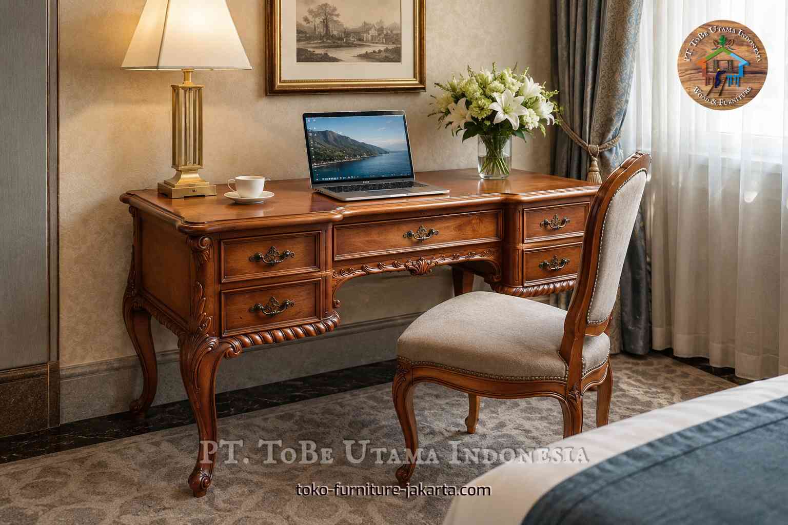 Ornate wooden classic desk by a window with laptop, lamp, flowers, and upholstered chair