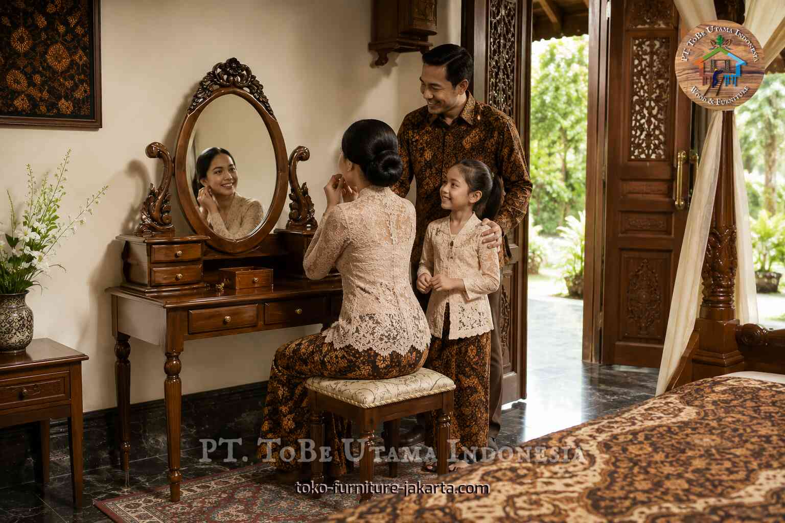 Ornate wooden dressing table with oval mirror as a family gathers in a traditional bedroom