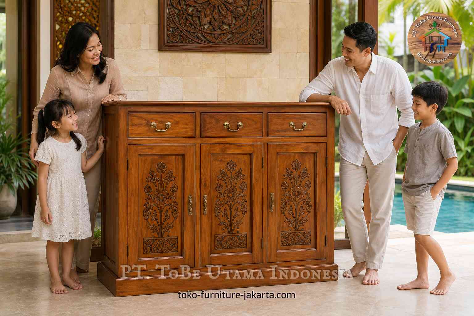 Sebuah keluarga berdiri mengelilingi lemari kayu berukir dengan tiga pintu bawah yang terlihat di rumah tropis yang terang.