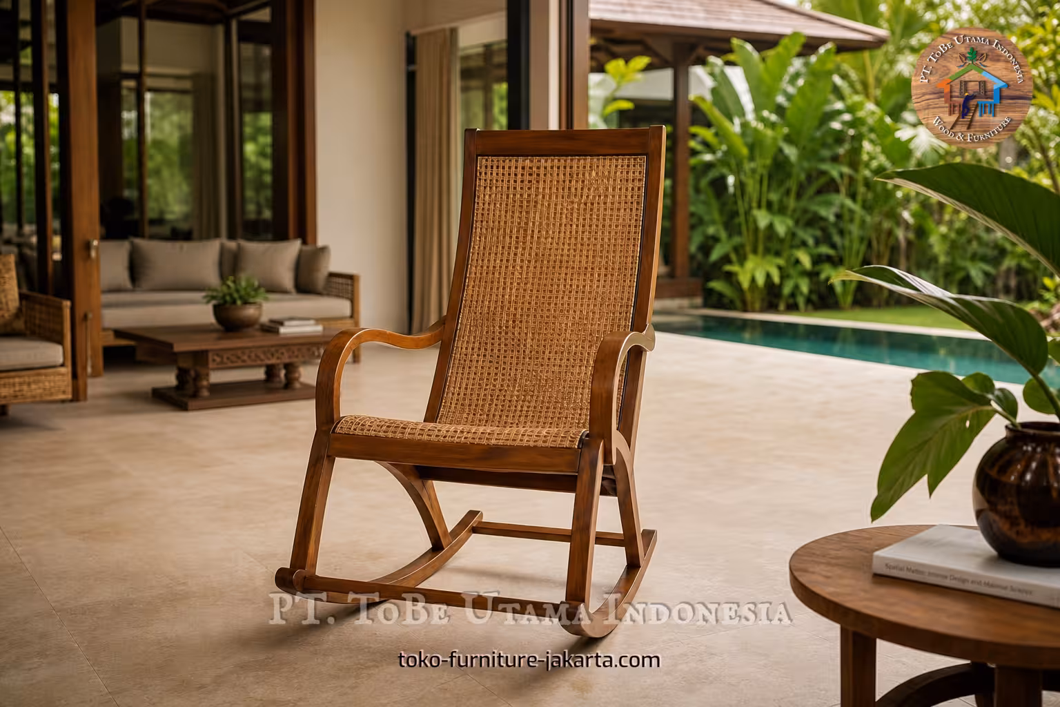Wood and woven rocking chair on a covered patio beside a pool and tropical greenery
