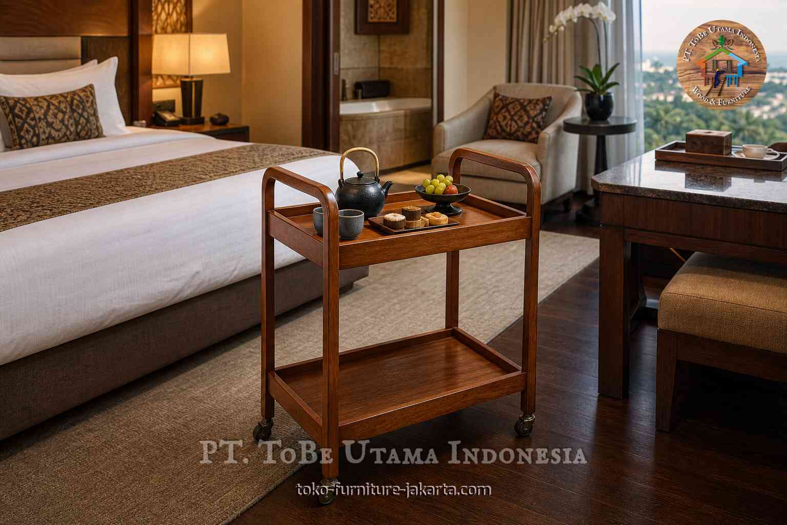 Wooden tea cart with teapot and fruit in a hotel room; glass table identity is not visually clear
