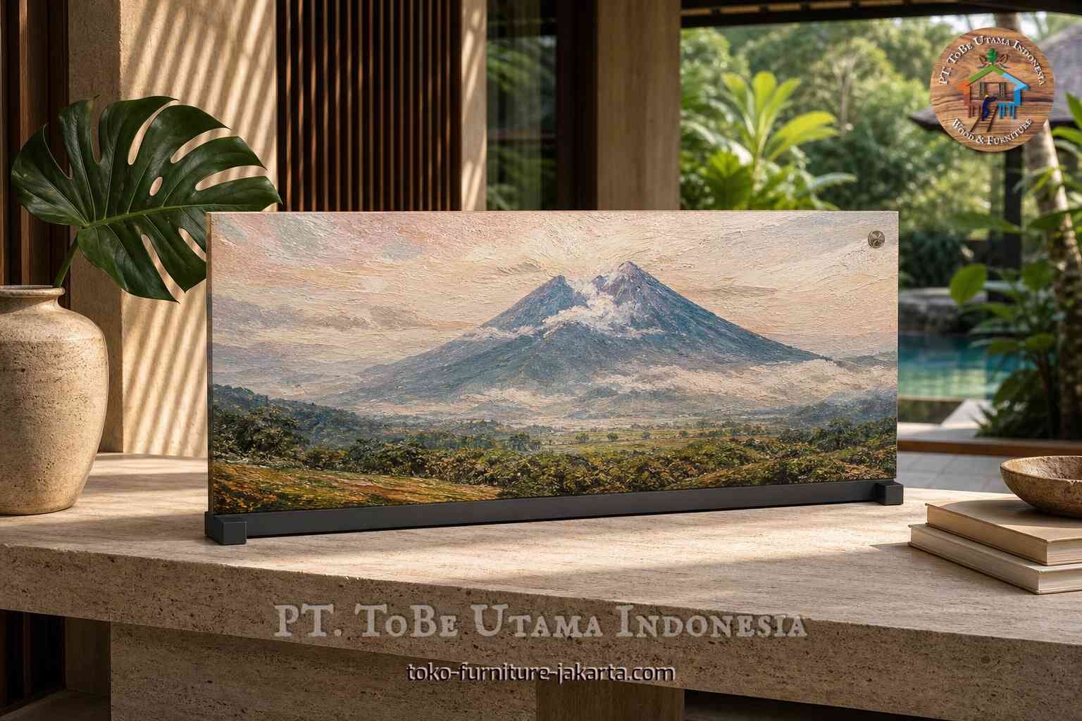 Mountain landscape art panel on a black stand atop a stone console in a tropical indoor setting