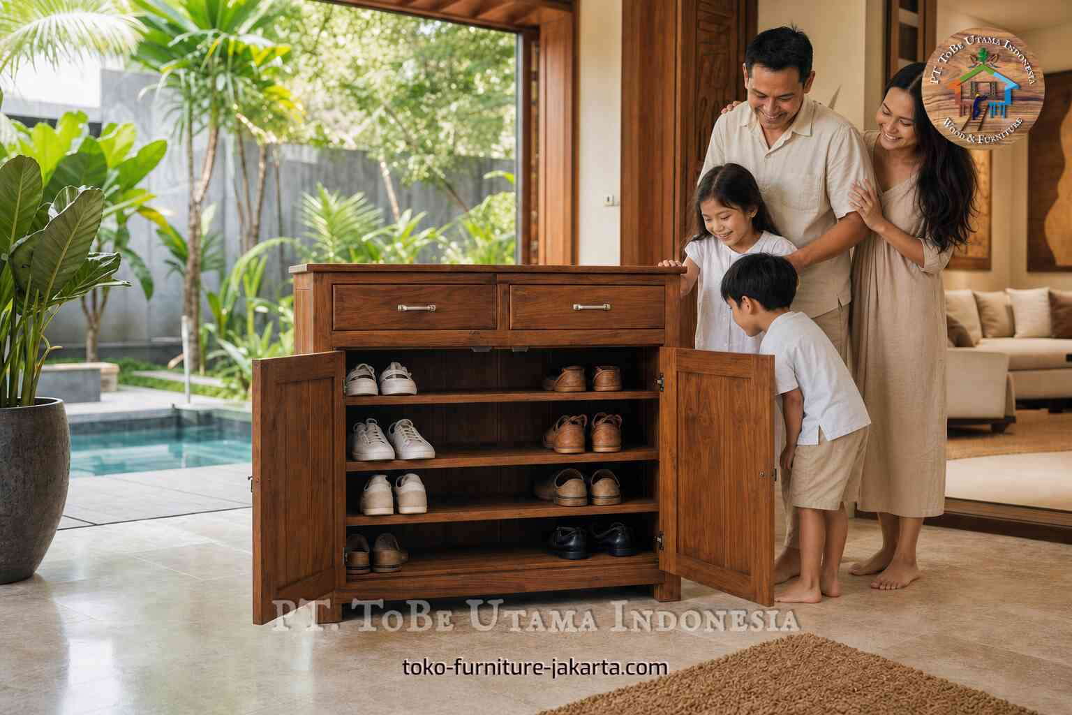 Lemari sepatu kayu dengan dua laci atas dan pintu terbuka di rumah keluarga yang terang.